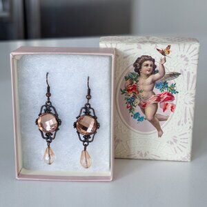 Vintage Crystal Drop Earrings - Champagne Tone Antique Bronze Gift Set